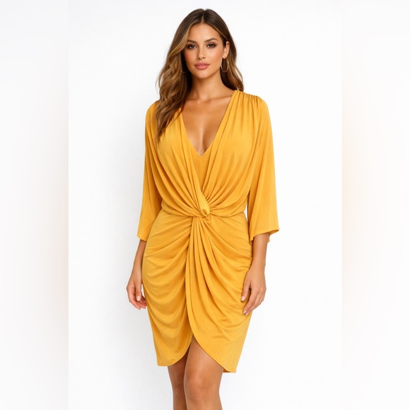 Misa Los Angeles Dresses & Skirts - MISA LA Mustard Yellow Twist Front Long Sleeve Mini Dress XS